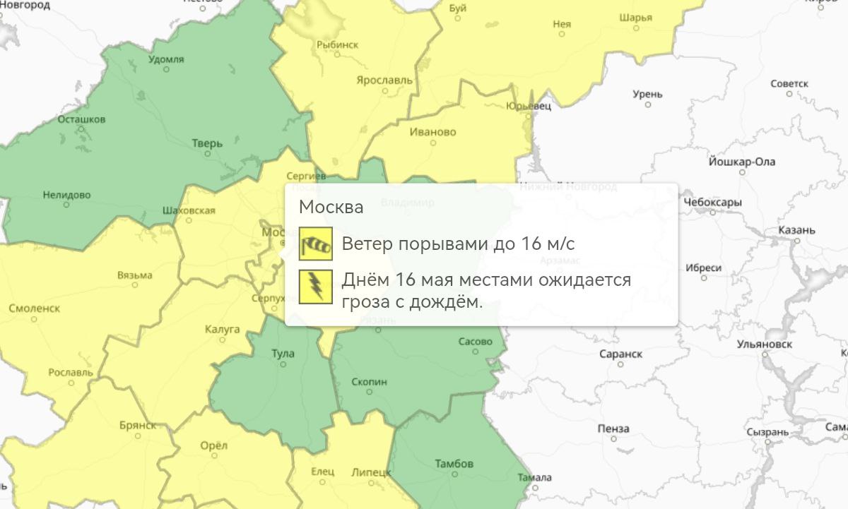 "Желтый" уровень опасности из-за грозы, дождя и сильного ветра объявлен в Московском регионе на пятницу - Гидрометцентр