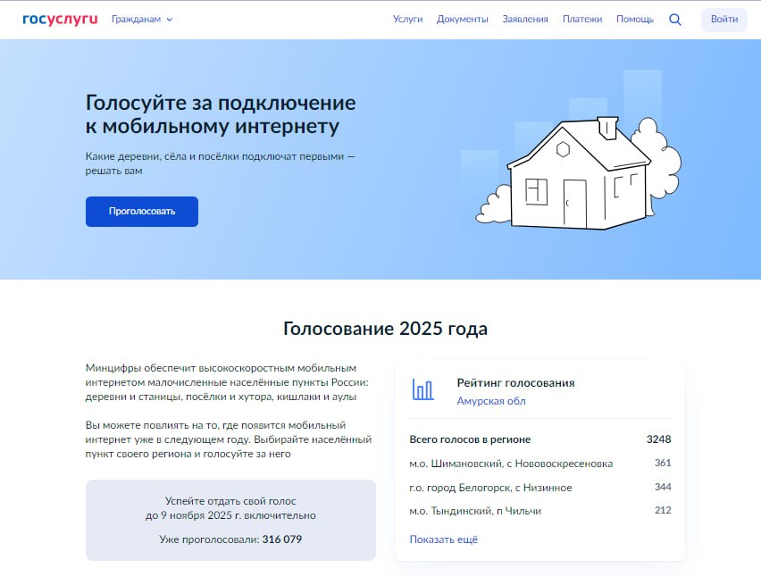 У жителей Белогорска осталась два дня чтобы помочь жителям села Низинное входит в состав городского округа получить доступ к интернету 9 ноября Минцифра РФ завершит голосование по отбору территорий в рамках реализации федерального проекта Устранение цифрового неравенства 2 0 Село по прежнему занимает второе место в рейтинге голосования За жизненно необходимый цифровой сервис проголосовали 344 человека По прежнему сейчас важен голос каждого необходимо набрать еще минимум 30 голосов чтобы получить шанс участия в проекте говорит начальник управления цифровизации Леонид Страхолист Проголосовать онлайн можно на портале Госуслуги gosuslugi ru inet Проголосовать можно только за один населенный пункт Повторные голоса учитываться не будут Принять участие в голосовании могут только граждане Российской Федерации достигшие 18 лет и постоянно зарегистрированные на территории Амурской области По итогам голосования будут определены малые населенные пункты куда в приоритетном порядке проведут высокоскоростной мобильный интернет уже в 2026 году добавил Леонид Страхолист Поэтому общая задача помочь жителям села Низинное с доступом в интернет Голосование продлится до 9 ноября включительно Следите за новостями на Белогорск РФ ВK ОК MAX канал поддержать канал