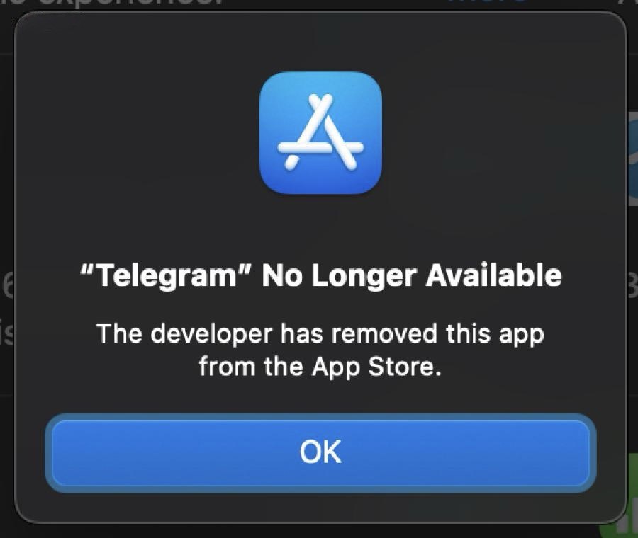 Приложение Telegram для macOS ПРОПАЛО из App Store сервис больше нельзя скачать Telegram больше не доступен Разработчик удалил это приложение из App Store говорится в сообщении при обновлении Владельцам маков соболезнуем