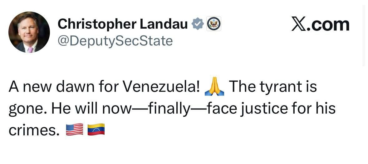 Заместитель госсекретаря США Кристофер Ландау заявил что президент Венесуэлы Николас Мадуро наконец то предстанет перед судом за свои преступления