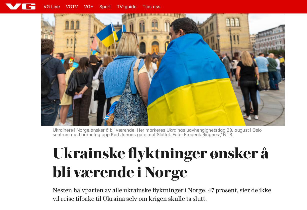 47% украинских беженцев в Норвегии не хотят возвращаться в Украину даже после окончания войны, — NRK со ссылкой на опрос IMDi  Согласно новым данным, лишь 10% беженцев ответили, что хотели бы вернуться.   «Исследователи видят новую тенденцию: в Норвегию стали чаще приезжать молодые люди в возрасте 16-17 лет», — говорит исследовательница Вильде Гернес, которая допустила, что это связано с отсутствием возможности выезда для ребят в возрасте 18 лет.   В аналогичном опросе 2023 года каждый третий беженец из Украины отвечал, что хотел бы остаться в Норвегии.  НАШИ РЕСУРСЫ:   Telegram   Tik-tok   YouTube   RUTUBE