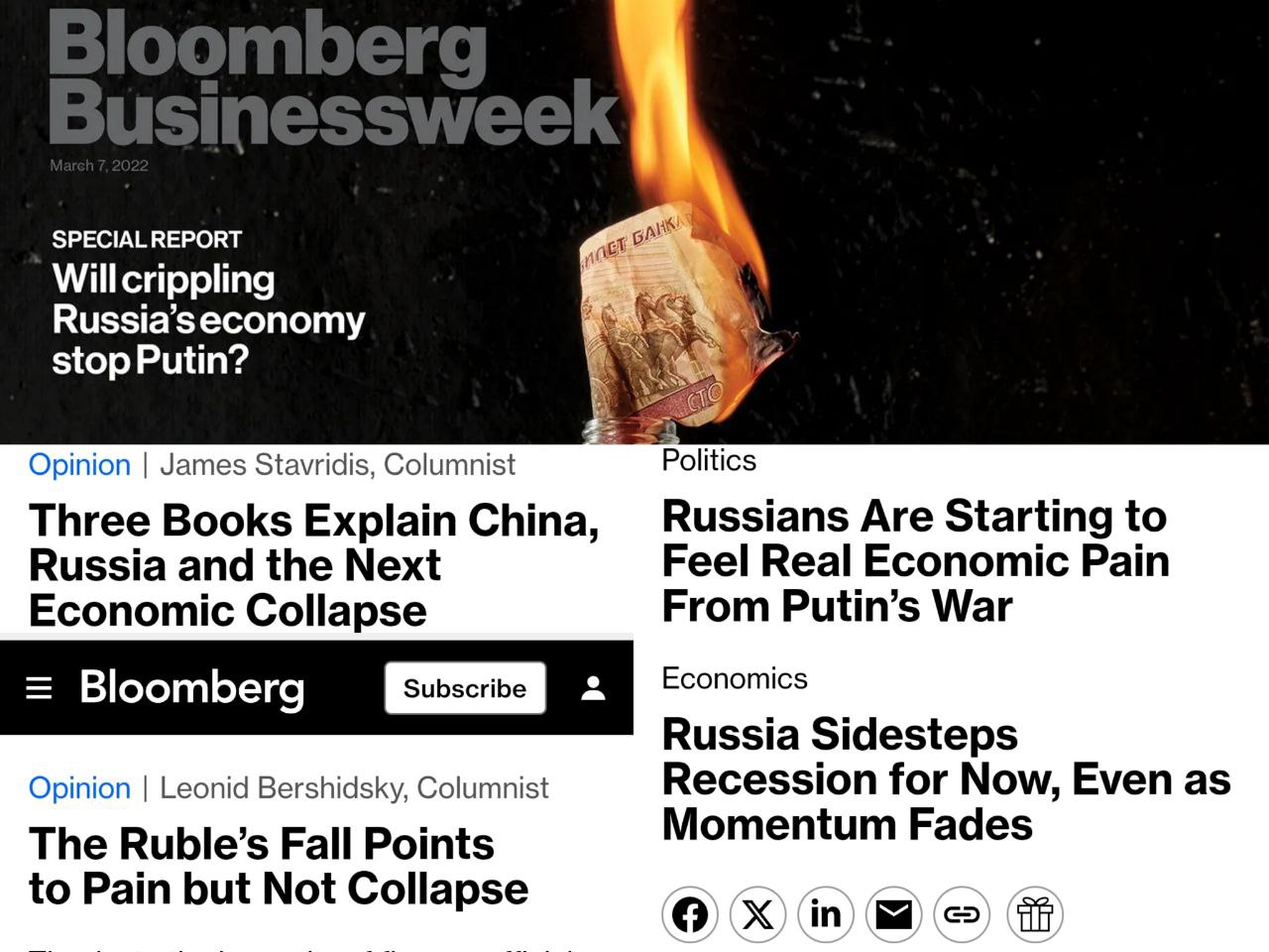 За период с 2018 по 2026 годы агентство Bloomberg прогнозировало рецессию в российской экономике не менее семи раз Однако эти прогнозы никогда не оправдывались полностью экономика либо демонстрировала рост либо проблемы оказывались краткосрочными Прогнозы Bloomberg 1 2018 2019 Стагнация и низкие цены на нефть Bloomberg предсказывал возможную рецессию в России ссылаясь на низкие цены на нефть и экономическую нестабильность Однако экономика показала рост несмотря на эти угрозы 2 2020 Пандемия COVID 19 и обвал нефти Bloomberg прогнозировал глубокую глобальную рецессию для России Bloomberg прогнозировал падению ВВП на 6 Однако фактическое сокращение экономики оказалось вдвое меньше 3 3 2022 Украина и международные санкции Bloomberg предсказал глубокую рецессию связывая её с оттоком капитала и экономической изоляцией Прогнозы колебались от падения ВВП на 3 5 до 11 9 Тем не менее фактический спад оказался гораздо меньше чем самые пессимистичные прогнозы Снижение на 2 1 меньше периода пандемии 4 2023 Риски долгового и банковского кризиса Прогнозы Bloomberg стали менее мрачными но всё равно присутствовали опасения по поводу долгового и банковского кризиса Ожидания рецессии были скорректированы и экономика продемонстрировала рост Фактический рост ВВП около 3 6 5 2025 Перегрев экономики и угроза долгового кризис Bloomberg снова предупреждал о перегреве экономики и рисках долгового и банковского кризиса Прогнозы рецессии вновь появлялись но в реальности экономика продолжала слабый рост Фактический рост ВВП около 1 в 2025 году 6 2026 Риски рецессии и банковского кризиса Bloomberg снова обещает риски рецессии и банковского кризиса если доля проблемных активов в банках превысит 10 или если начнётся массовое снятие депозитов Таким образом несмотря на многократные прогнозы рецессии каждый из них в реальности оказался либо слишком чрезмерно пессимистичным и издание ошибалась в два и более раз banksta