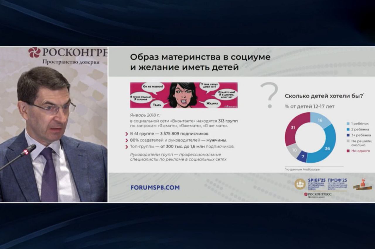 Чиновники обнаружили еще одну причину демографических проблем России. Это - мем «Яжмать». Его назвали частью спланированной диверсии. Он внедрялся, чтоб создавать отталкивающий образ материнства, заявил бывший министр связи, полпред президента в ЦФО Игорь Щеголев. «Внедрялся мем “Яжмать, мне плевать“. Цель была - сформировать непривлекательный и отталкивающий образ матери», - заявил чиновник на ПМЭФ.
