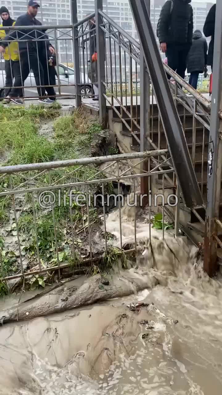 Прорыв трубы затопил вход на станцию метро Девяткино в Петербурге