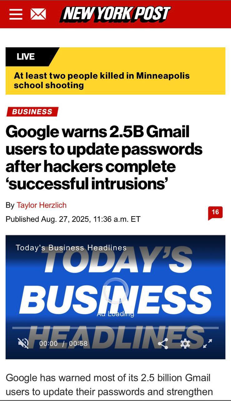 Google предупреждает 2 5 млрд пользователей Gmail срочно меняем пароли и включаем защиту После серии успешных взломов Google разослала предупреждение аккаунты атакуют через фишинг и социальную инженерию Хакеры массово выдают себя за поддержку Google выбивая пароли и коды Что делать прямо сейчас Сменить пароль Gmail на длинный и уникальный не повторять на других сервисах Включить 2FA Passkeys надежнее одноразовых кодов по СМС Проверить Security Checkup и активность устройств отключить лишние сессии и сторонние доступы Не переходить по срочным письмам или звонкам от поддержки заходите в аккаунт только вручную через google com dnevteh