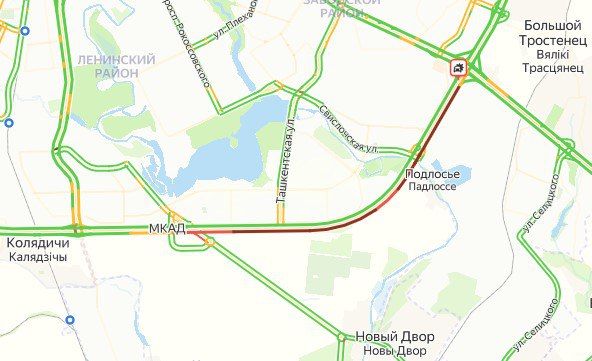 Сильный затор образовался из-за ДТП в районе 10-го км внешнего кольца МКАД  В связи со скоплением транспорта на Минской кольцевой автодороге движение общественного транспорта осуществляется с нарушением графика до  - 20 минут.  Напомним, сегодня на МКАД столкнулись седельные тягачи «Renault», «DAF» и легковой автомобиль «Renault». Причины и обстоятельства произошедшего устанавливаются.  От полученных телесных повреждений 55-летний водитель седельного тягача «Renault» скончался на месте происшествия.