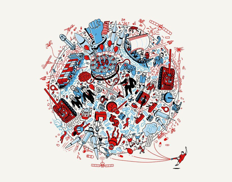 Журнал Economist выпустил новую обложку ребус на 2026 год Традиционно в ней зашифрованы ключевые тенденции следующего года Давайте разберемся что нас ждет В этот раз обложка выполнена в виде земного шара Центральным элементом композиции стал символизирующий юбилей США торт с цифрой 250 Над тортом тяжелый кулак олицетворяющий подход Америки к международным делам страна по замыслу авторов будет использовать все доступные инструменты влияния Среди многочисленных элементов обложки можно заметить Зеленского с биноклем в руках Общую атмосферу усиливают изображения танков ракет подводных лодок и дронов Журнал прогнозирует продолжение конфликтов на Украине в Судане и Мьянме допуская при этом возможность сохранения хрупкого перемирия в Газе Судя по ребусу мир ждут фармацевтические новинки Скорее всего это новые средства для снижения веса в форме таблеток анонсируемые ранее Технологическая тема представлена образами дронов роботов и джойстика подключенного к человеческому мозгу отсылка к Neuralink Илона Маска Подписаться на truekpru Читать нас в MAX