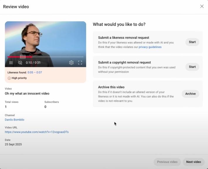Платформа YouTube внедрила новую функцию распознавания изображений доступную участникам партнёрской программы Благодаря этой системе авторы могут автоматически находить ролики где используются созданные ИИ копии их внешности и направлять запрос на их удаление Пока возможность доступна лишь ограниченному числу стран компания не уточнила в каких именно регионах функция уже работает