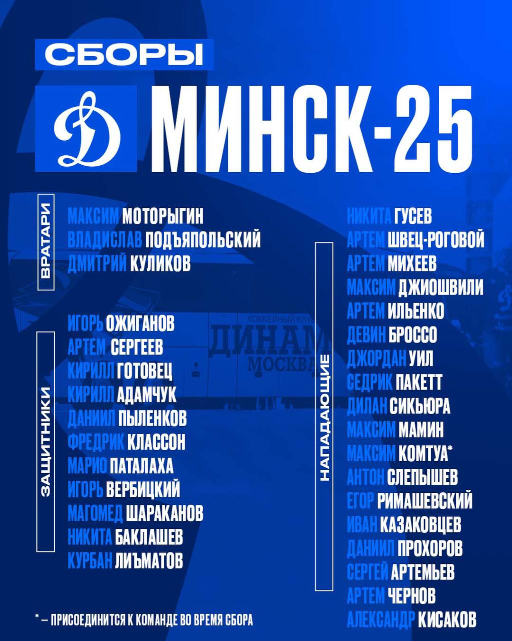 Московское «Динамо» отправилось на предсезонные сборы в Минск     Для подготовки к новому сезону тренерский штаб взял в столицу Беларуси трех вратарей, 11 защитников и 18 нападающих.
