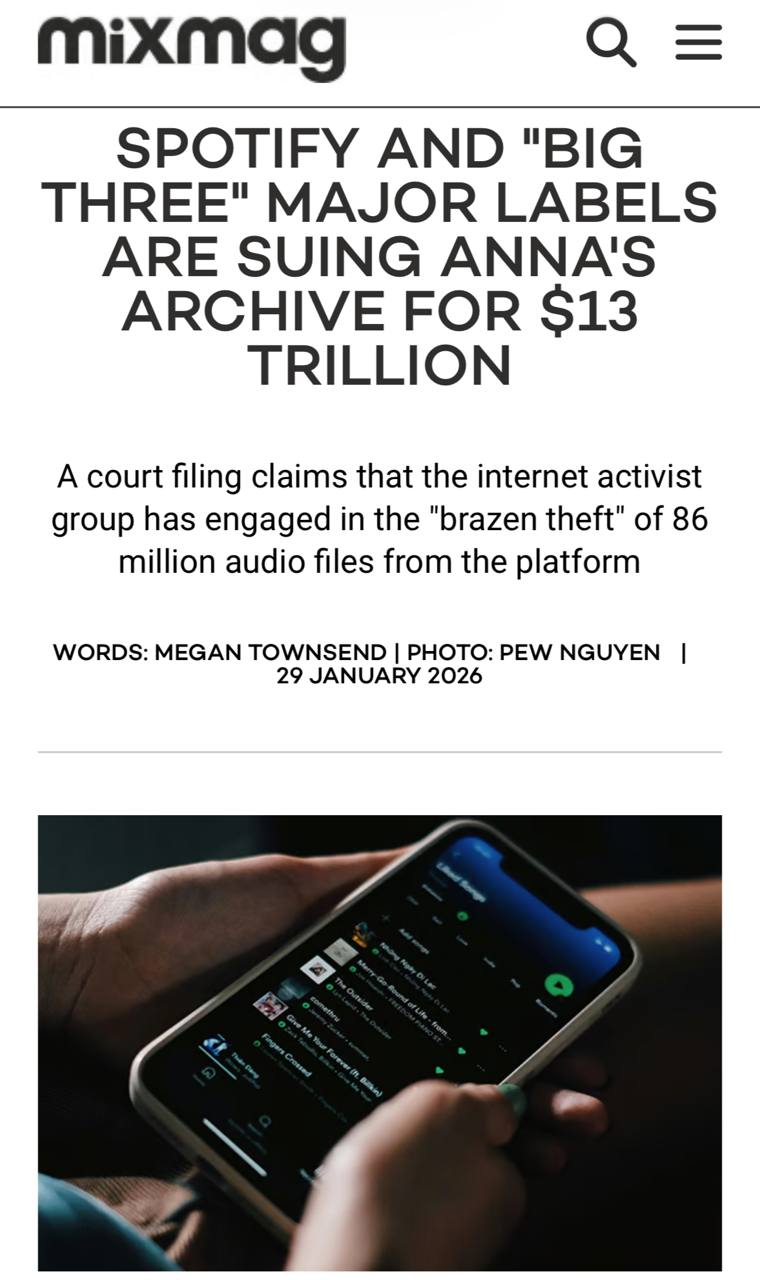 Хакеры взломавшие Spotify остановлены крупнейшие лейблы подали иск на 13 триллионов против пиратского архива Anna s Archive Ранее пираты скачали около 300 ТБ музыки и базу данных с информацией о 256 млн треков из Spotify Планировалось выкладывать контент постепенно чтобы избежать перегрузки Universal Sony Warner и Spotify обвиняют проект в массовом воровстве контента По американскому закону это оценивается в 150 000 за каждый трек что и приводит к сумме в 13 трлн Иронично но Anna s Archive так и не успели ничего опубликовать иск подали тайно суд быстро выдал блокировки отключив домены и инфраструктуру Проект узнал об этом только после ограничений и был остановлен на стадии подготовки Это пример уничтожения до запуска платформу закрыли не за распространение а за намерение распространить контент Скачать все треки из Spotify не удастся Илон Маск