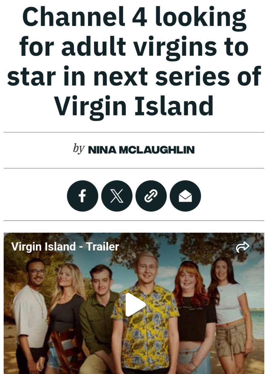 12 девственников ищет британское реалити-шоу Virgin Island, чтобы дать им первый секс. Герои будут жить на лакшери-острове Обоньян в Хорватии с пятизвёздочным обслуживанием и морем вокруг. Каждый день эксперты будут проводить уроки по интимной близости, преодолению страхов и неуверенности. В конце шоу у каждого будет возможность переспать с девушкой на острове. Ждём российскую адаптацию в рамках повышения демографии! первое впечатление