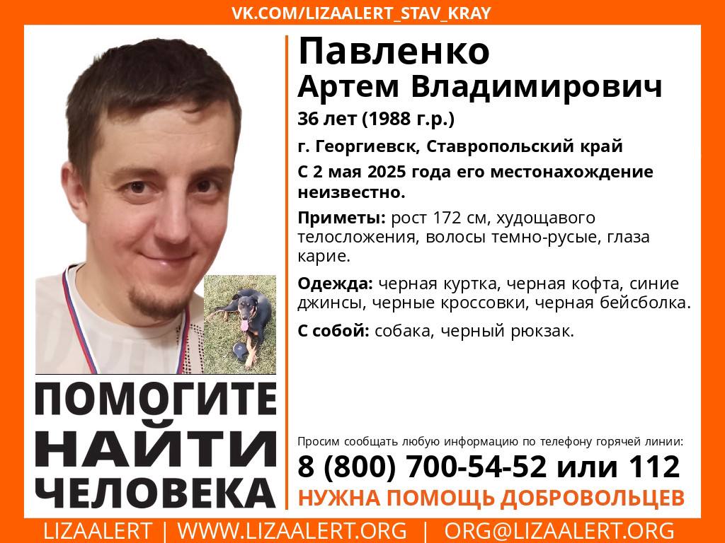 36-летний мужчина с собакой бесследно исчез на Ставрополье 2 мая 2025 года пропал без вести Артём Владимирович Павленко из Георгиевска. Мужчина находился в сопровождении собаки и имел при себе чёрный рюкзак. Рост 172 см, худощавое телосложение, тёмно-русые волосы и карие глаза. В день исчезновения был одет в чёрную куртку, чёрную кофту, синие джинсы, чёрные кроссовки и чёрную бейсболку. Волонтёры поискового отряда «ЛизаАлерт» просят откликнуться всех, кто может предоставить какую-либо информацию о его местонахождении по телефонам 8 800 700-54-52 или 112.