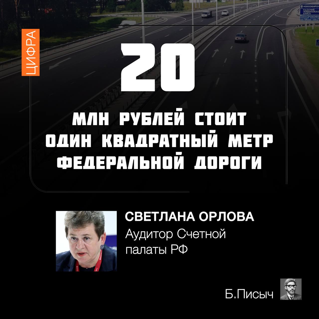 Предварительный анализ исполнения нацпроектов показал, что один квадратный метр федеральной дороги стоит 20 млн рублей.  Информацию об аномальном росте цен на строительство дорог с 2019-2024 гг. на прошедшем 10 февраля сообщила заседании Комиссии Совета Федерации по мониторингу законодательства в сфере госконтроля и муниципального контроля аудитор Счетной палаты Светлана Орлова.   «Мы очень скрупулезно начали эту работу. Анализ показал, что один квадратный метр федеральной дороги стоит 20 млн рублей. Конечно, он столько не стоит. Поэтому разберемся досконально, сколько он стоит», — рассказала Орлова.  Напомним, в Приангарье самая дорогая дорога выявлена в мкр «Хрустальный парк» д. Новолисиха в Иркутском районе. В августе 2024 года сообщалось, что объект, соединяющий Байкальский тракт и деревню, возводится по федеральной программе «Стимул», его стоимость — почти 1 млрд рублей, при этом общая длина новой дороги всего 3,5 км. Но даже при данной цене 1 м² выходит порядка 36 тыс рублей.  Почему по федеральным дорогам вышла такая астрономическая сумма, специалисты будут выяснять дальше.  #дороги #Счетная_палата    Б.Писыч: подписка, написать