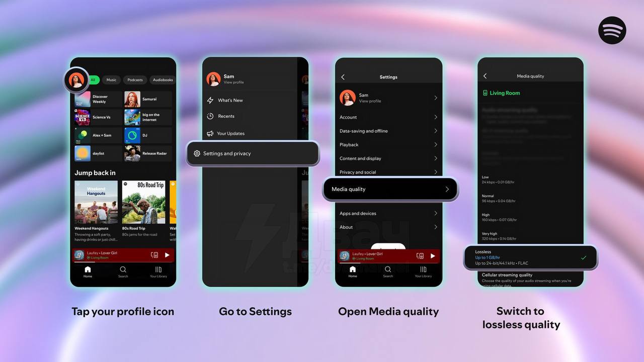В Spotify добавили Lossless Функционал уже получили платные подписчики из Австралии Австрии Чехии Дании Германии Японии Новой Зеландии Нидерландов Португалии Швеции США и Великобритании В течение октября она станет доступна ещё в 50 странах Формат FLAC 24 бит 44 1 кГц При этом включать всё это придётся отдельно на каждом устройстве