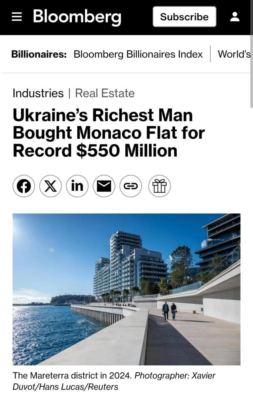 Украинский миллиардер Ринат Ахметов установил рекорд купив самую дорогую квартиру в истории Он заплатил 471 миллион евро 554 миллиона долларов за резиденцию в жилом комплексе Mareterra в Монако Квартира площадью 2500 квадратных метров расположена в здании Le Renzo В ней есть частный бассейн джакузи террасы с видом на Средиземное море и парковка на восемь автомобилей Ранее Ахметов приобрел виллу Le Cèdre за 200 миллионов евро а также пентхаус в Лондоне НАШИ РЕСУРСЫ Telegram Tik tok YouTube RUTUBE MAX