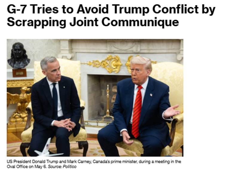 Страны G7 отменят совместное коммюнике, чтобы избежать конфликта с Трампом, сообщает Bloomberg. С точки зрения издания, это является признанием огромной пропасти, разделяющей США и других членов организации по вопросам Украины, изменения климата и другим проблемам. Вместо подписания совместного коммюнике, руководители стран G7 опубликуют отдельные совместные заявления лидеров по различным темам. При этом, с точки зрения издания, такой подход предпочтителен для Канады, так как ее премьер Карни старается снизить напряженность в отношениях с Трампом и договориться о торговле и безопасности.