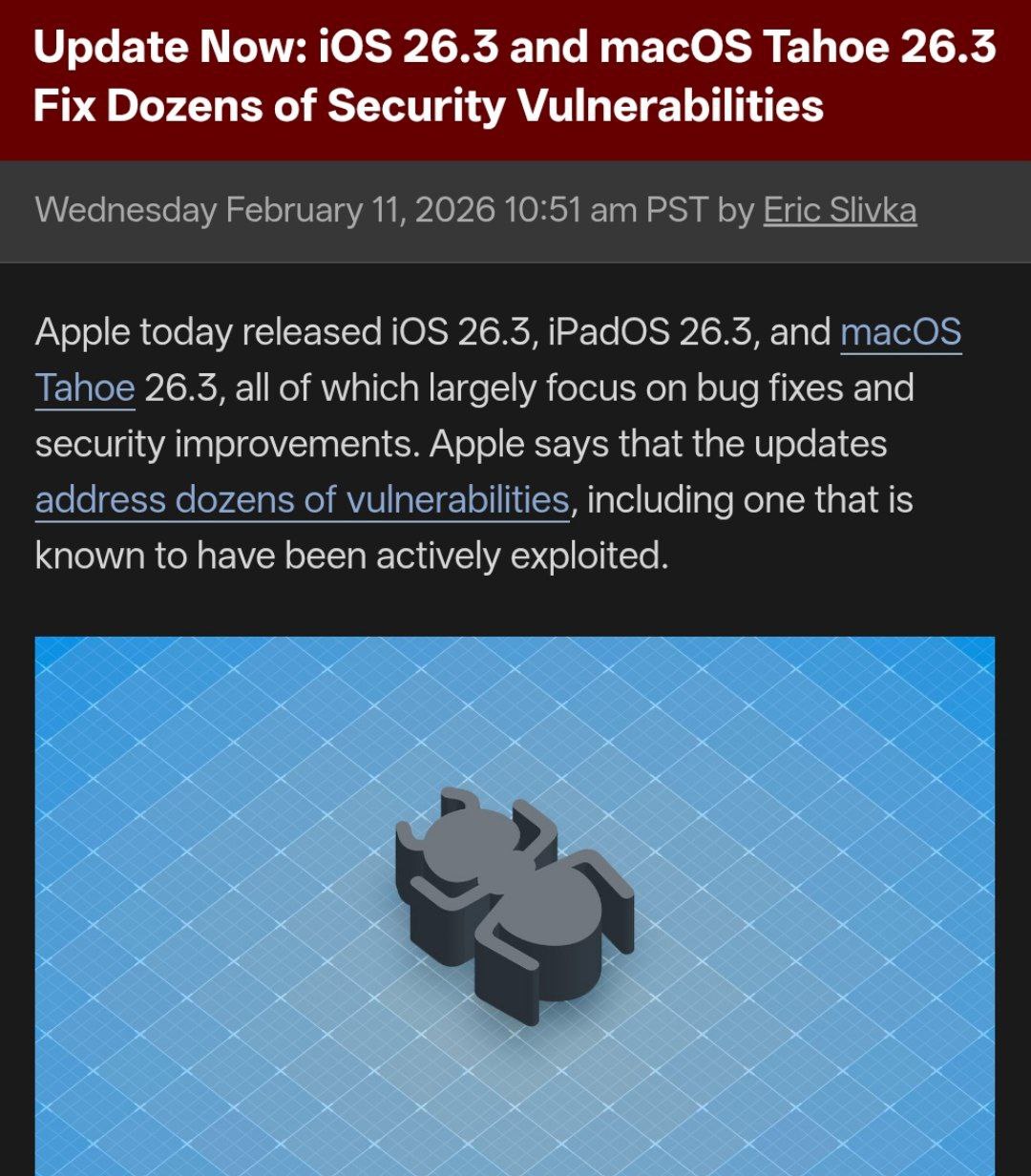 Срочно обновите iPhone iPad и Mac в iOS 26 3 iPadOS 26 3 и macOS 26 3 исправили опасную уязвимость В свежих обновлениях были исправлены десятки уязвимостей но как минимум одна из них использовалась хакерами Apple предупредила что с помощью опасной уязвимости злоумышленники могут выполнять произвольный код Другие подробности не раскрываются в целях безопасности techmedia