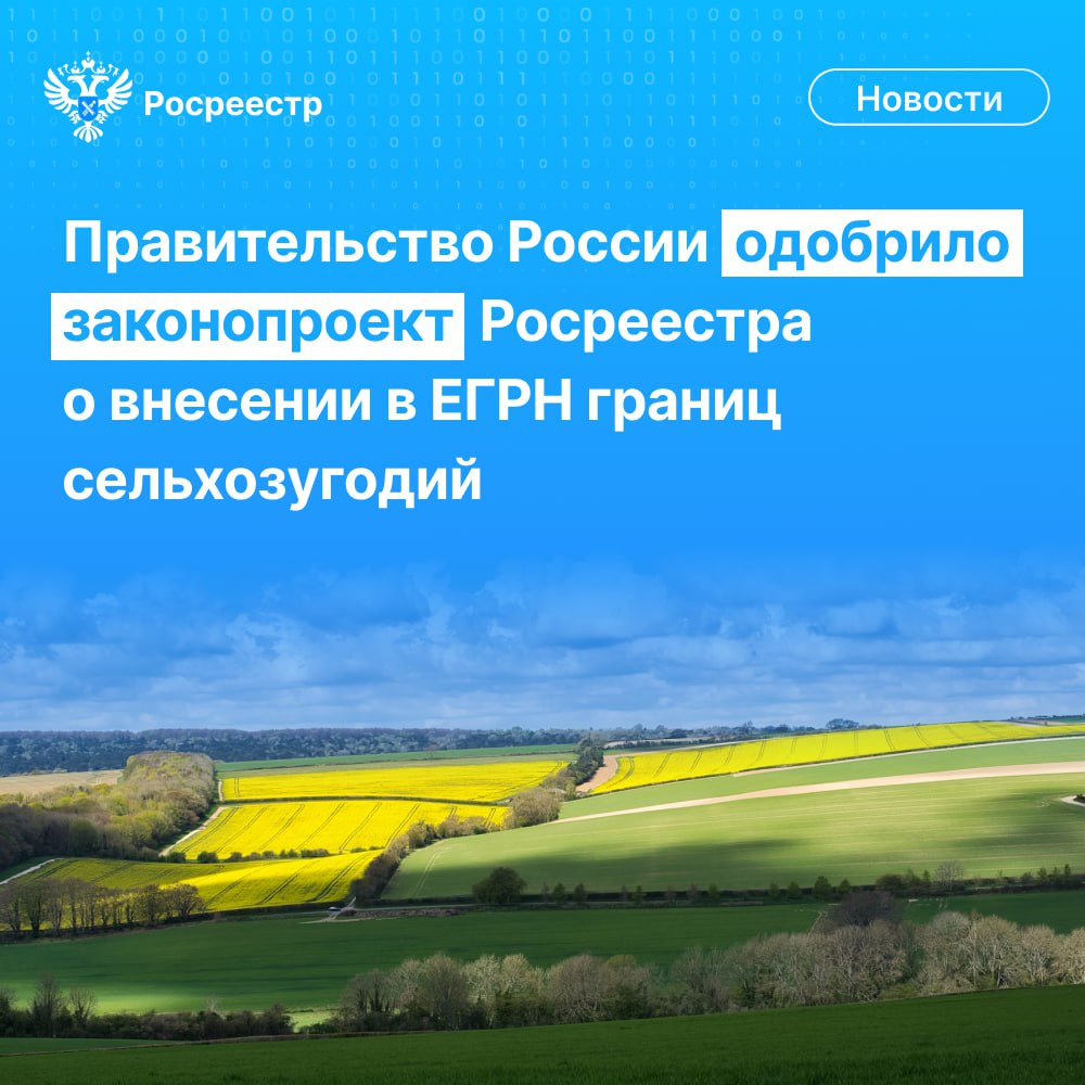 Правительство одобрило законопроект, который предусматривает возможность внесения в Единый государственный реестр недвижимости ЕГРН сведений о границах сельскохозяйственных угодий в составе земель сельхозназначения. «Законопроект, который мы разработали совместно с Минсельхозом, направлен на защиту сельхозземель. Это стратегически важный вопрос. Внесение в ЕГРН поможет опубличить сведения о границах сельхозугодий: в реестре недвижимости появится информация, что это земли, подлежащие особой охране, и их можно использовать только в рамках сельхозпроизводства. Данная информация должна будет учитываться при принятии управленческих решений в сфере территориального планирования, градостроительного зонирования, а также при предоставлении и использовании земельных участков», - отметил руководитель Росреестра Олег Скуфинский. В случае принятия законопроект должен вступить в силу с 1 июля 2026 года. После этого нашим ведомством совместно с Минсельхозом будет обеспечено выполнение всех мероприятий, необходимых для внесения в ЕГРН сведений о сельхозугодьях. #Росреестр #ОлегСкуфинский #Закон #ЕГРН #РаботаемВместе #МыТамГдеЛюди