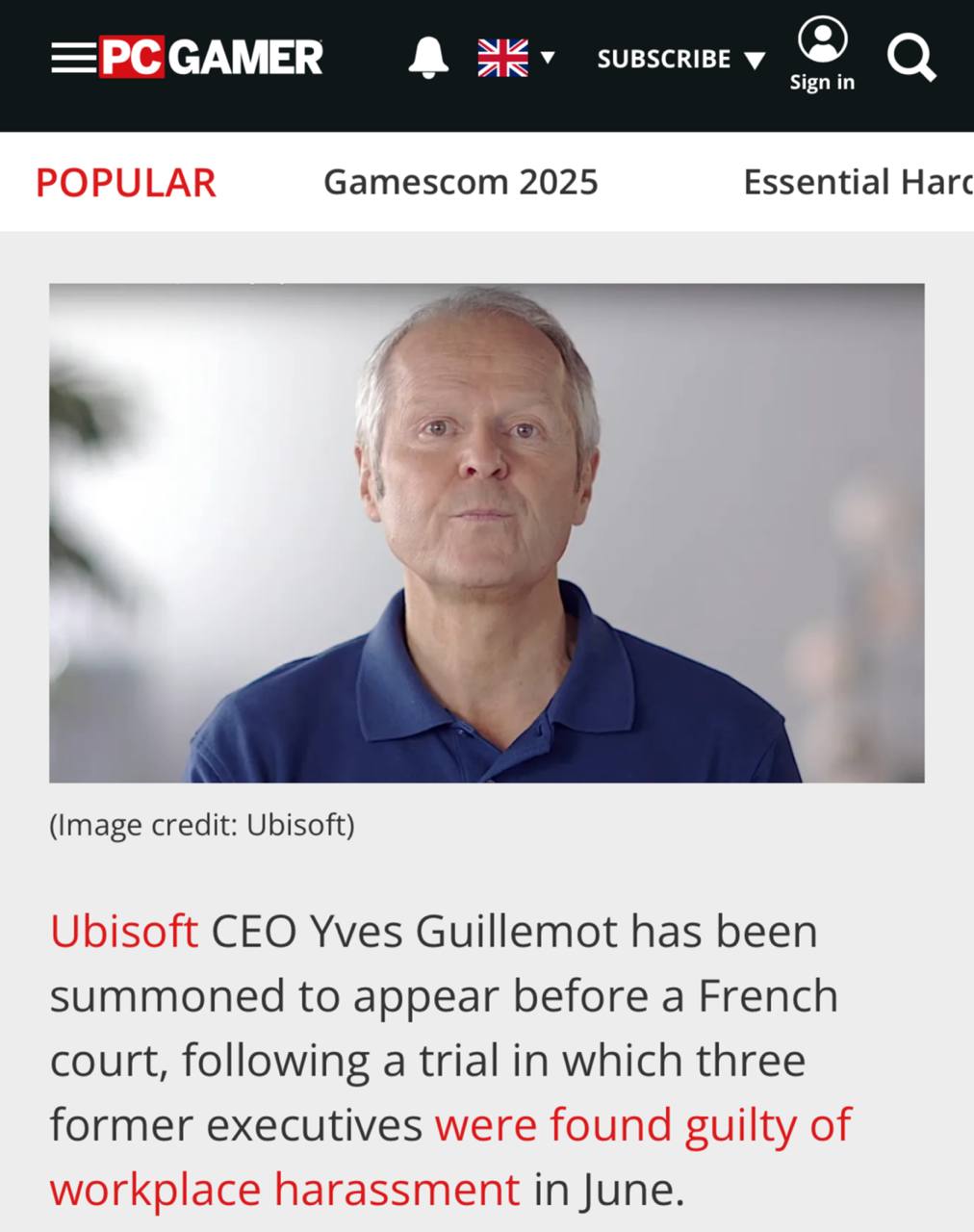 Гендиректора Ubisoft вызвали в суд из за топ менеджеров которые пердели в лицо подчинённым Ив Гиймо получил повестку на судебное заседание которое пройдёт 1 октября Причина не уточняется но в сети считают что руководство может быть замешано в истории с душком Напомним что недавно трое уже бывших топ менеджеров Ubisoft получили условные сроки за свои выходки Вот лишь некоторые из них Демонстративно пердели в лицо сотрудникам Играли в догонялки где нужно было ущипнуть другого за член чтобы передать ход Громко включали порнуху на весь офис Рисовали члены на руках других сотрудников во время созвонов Сексуальные домогательства до сотрудниц Один из менеджеров вызывал к себе подчинённых и показывал на компе фотки своей голой жопы Канал Цифровой Апокалипсис