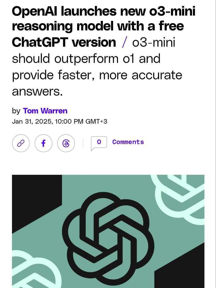 DEEPSEEK — ВСЕ! OpenAI только что выкатили ИИ-бога ChatGPT o3-mini  Она полностью бесплатная. Есть специальная углубленная модель для кодинга — o3-mini-high. У кого есть официальная подписка, бегом тестить на официальном сайте и делитесь впечатлениями в комментах.  Хорошая ответочка китайцам. ИИ гонка продолжается.    Айтишная