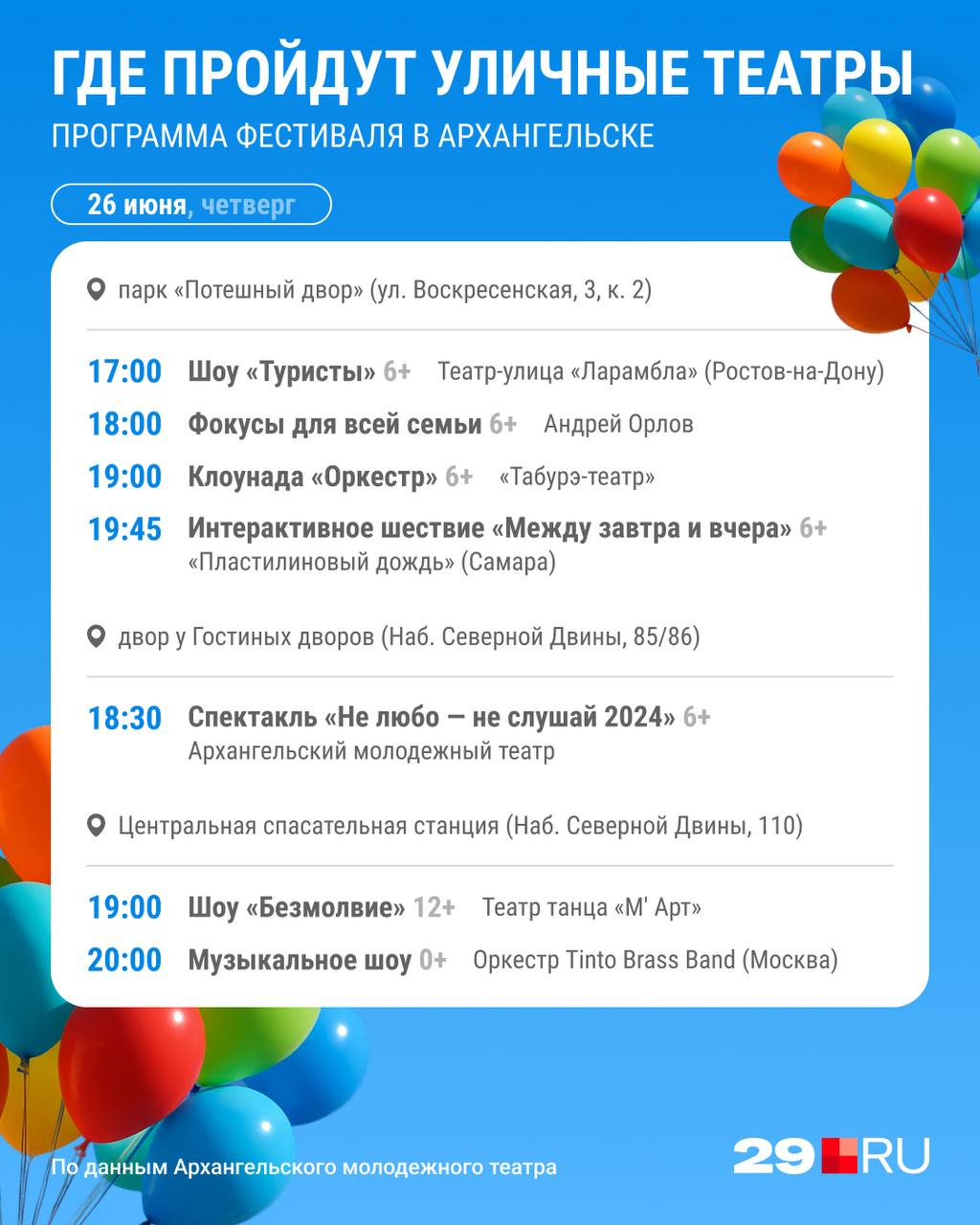 26 июня в Архангельске начнется XXXI Фестиваль уличных театров. На протяжении четырех дней прямо под открытым небом будут выступать артисты, клоуны, фокусники и музыканты. Публикуем подробную программу фестиваля. Подписаться