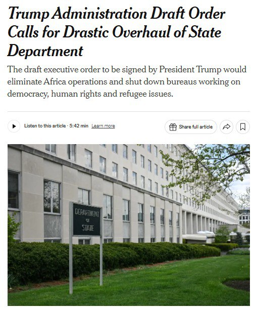 Трамп на следующей неделе может подписать распоряжение о сокращении деятельности посольств США в Африке Также газета пишет о возможном сокращении бюро по вопросами изменения климата, миграции и прав человека.