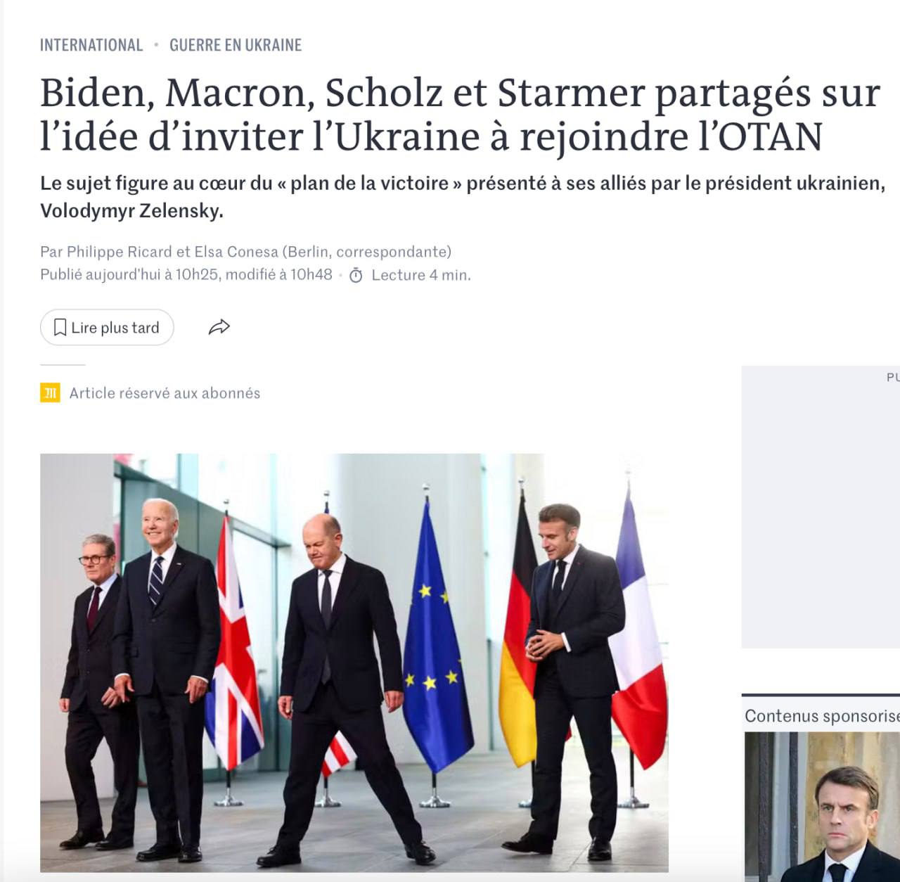 ‼  Если победит Харрис, то США будут готовы пригласить Украину в НАТО, — Le Monde  США не исключают, что в случае победы на выборах Камалы Харрис Байден может начать процесс приглашения Украины в НАТО.  В пятницу Байден встретился с лидерами Германии, Великобритании и Франции. Главной темой беседы была Украина.   При этом "требования Киева к своим главным западным союзникам порождают сильные разногласия между Вашингтоном, Парижем, Лондоном и Берлином".   "Это амбициозный план, который ставит сложные вопросы, по которым не происходит спонтанного совпадения взглядов", - резюмирует дипломат.  На данный момент "четверо лидеров стремятся  скоординировать свои ответы на "план победы" Зеленского, пишет газета.