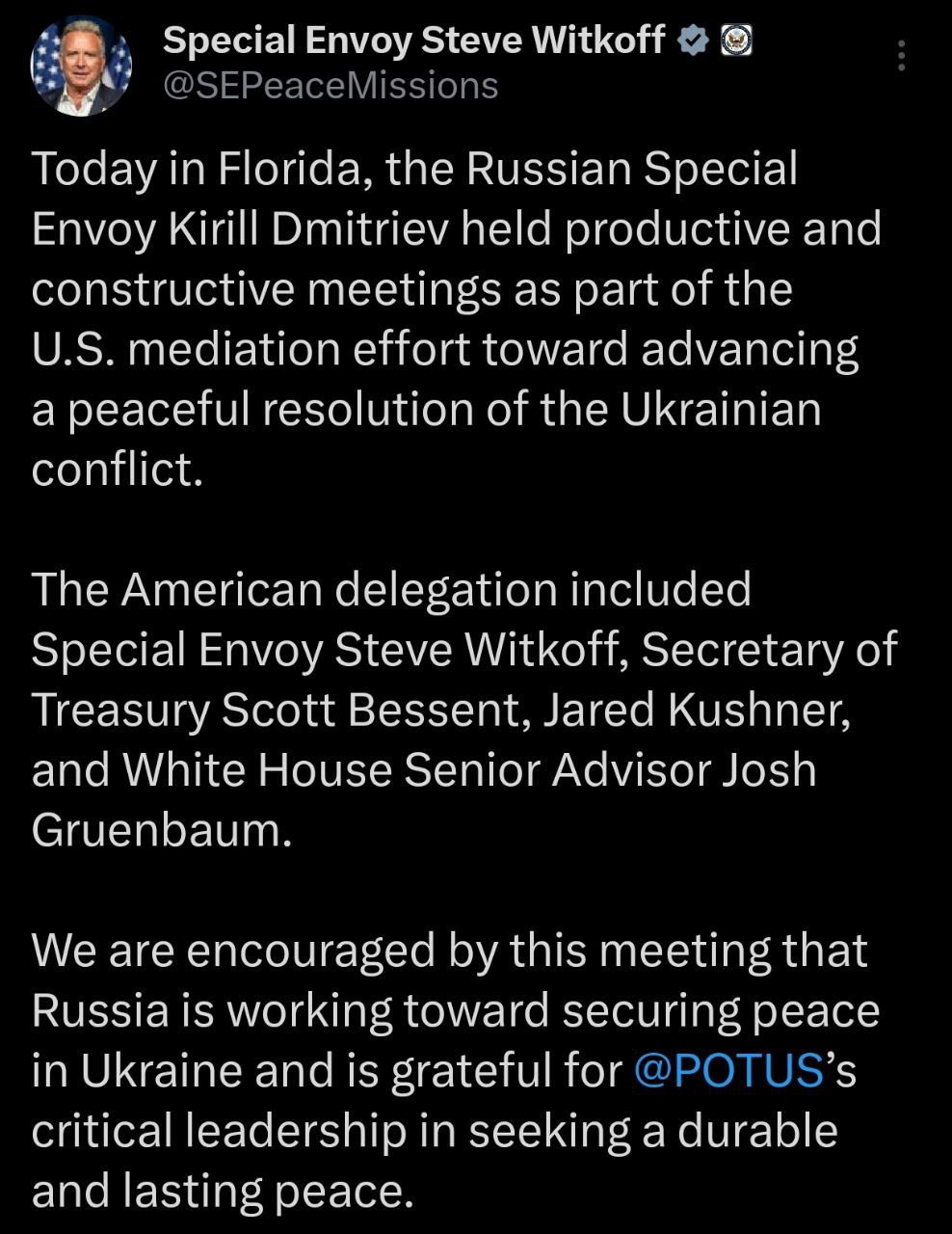 Мы воодушевлены этой встречей Стивен Уиткофф назвал переговоры с Кириллом Дмитриевым продуктивными и конструктивными По словам спецпосланника Трампа США воодушевлены тем что Россия работает над достижением мира в украинском конфликте Со стороны Вашингтона в переговорах приняли участие зять Трампа Кушнер министр финансов США Бессент а также куратор Совета мира Грюнбаум Спецпредставитель президента РФ Дмитриев также назвал конструктивными переговоры с американской делегацией Подписывайтесь на BFM И в MAX