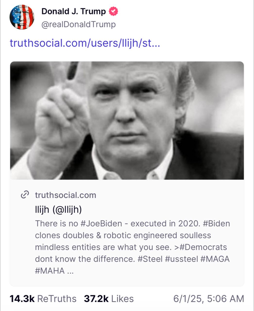 Трамп сделал репост записи, где утверждается, что «Байдена казнили в 2020 году и заменили клоном» Президент США репостнул публикацию в своей социальной сети Truth Social. «Нет никакого Джо Байдена - казненного в 2020 году. Клоны Байдена, двойники и роботизированные бездушные существа без разума - вот что вы видите. Демократы не видят разницы», - написал пользователь.