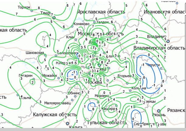 Ночью 22 октября небо в западной части столичного региона прикрывала облачность фронта окклюзии. На карте видно, что  минимальная температур воздуха на большей части Московской области оставалась  положительной. Лишь отдельные островки с небольшим минусом были отмечены в пониженных местах рельефа. В Москве, на ВДНХ, минимальная температура воздуха составила 5,3 градуса, на Балчуге было 7,4 градуса. Днем облака над Москвой поредеют, проглянет солнце и воздух прогреется до 10..12 градусов, что выше средней для этой даты месяца  на 4 -5 градусов.