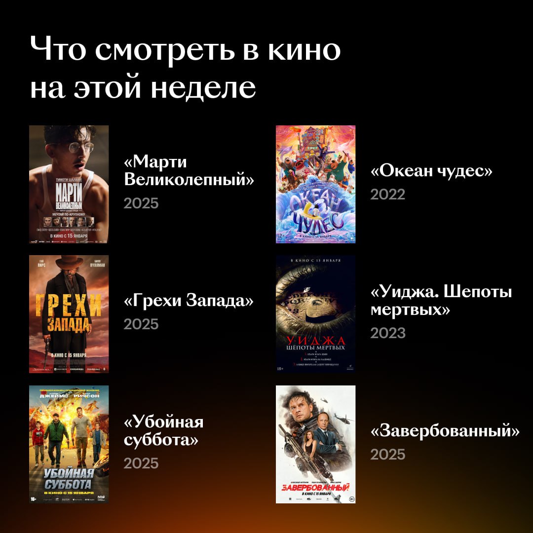 Марти Великолепный с Тимоти Шаламе в главной роли самая заметная новинка этой недели в прокате но вышли и другие фильмы Среди них вестерн с Гаем Пирсом и комедийный боевик в котором объединяются Кевин Джеймс и Алан Ричсон На что в итоге пойдете Билеты ищите на Кинопоиске Кинопоиск Новости