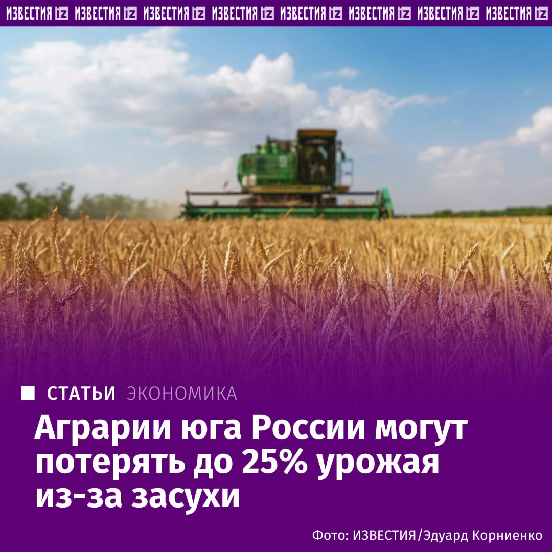 Аграрии юга России могут потерять до 25% урожая зерна, кукурузы и подсолнечника из-за засухи. Режим ЧС уже введен на территории Краснодарского края, Ростовской области и Крыма, рассказали "Известиям" в ассоциации "Народный фермер". Проблему признают губернаторы территорий, заявившие о потери до трети урожая. В Госдуме готовят письмо в Минсельхоз с просьбой выделить господдержку сельхозпроизводителям. Министерство признает проблему, но говорит, что сохраняет прогноз по уборке зернобобовых на уровне 135 млн тонн при благоприятных погодных условиях. Подробнее читайте в материале "Известий". Больше новостей тут МАХ Отправить новость
