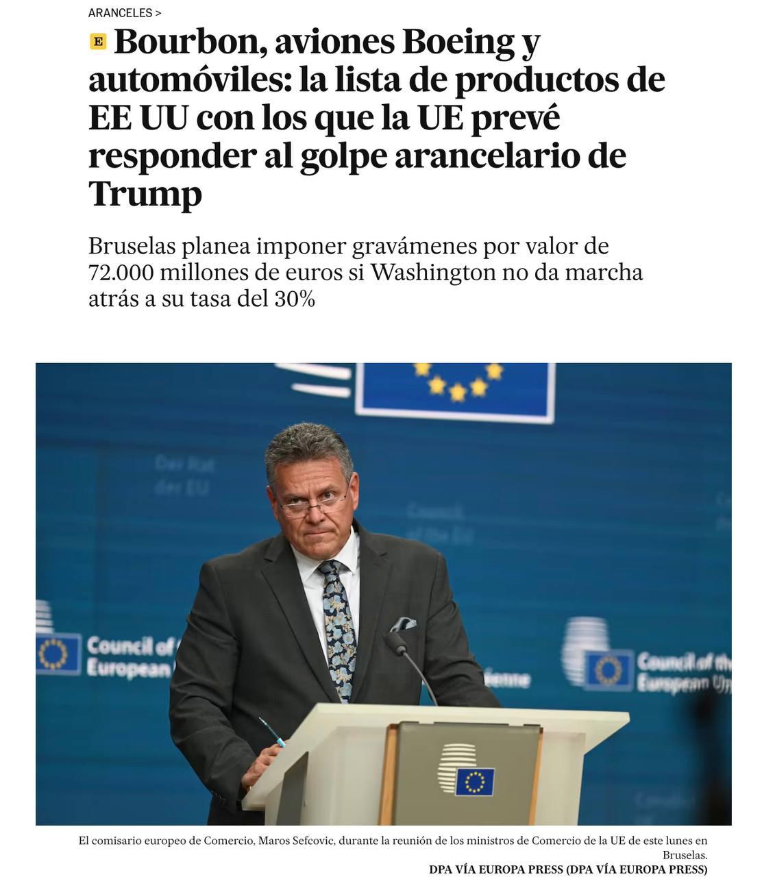 ЕС в ответ Трампу может ввести пошлины на бурбон, Boeing и автомобили Евросоюз разработал список американских товаров, на которые Европа может ввести ответные пошлины, если президент США Дональд Трамп не пересмотрит свое решение о тарифах в 30% на европейскую продукцию. Как пишет газета El País, Брюссель представил пакет контрмер на сумму €72 млрд на случай, если переговоры с Вашингтоном о пошлинах провалятся. Европейский список на 202 страницы нацелен на «ключевые секторы американского экспорта». «Ключевыми категориями товаров являются самолеты, автомобили и автомобильные запчасти, продукция машиностроения, химикаты, медицинские приборы и оборудование, электрооборудование, а также другие промышленные и сельскохозяйственные товары», — говорится в тексте документа, который оказался в распоряжении El País. В частности, если переговоры между Вашингтоном и Брюсселем не увенчаются успехом, ответные пошлины ЕС затронут самолеты Boeing и импорт в Европу американского бурбона. Помимо этого, в списке есть сталь, алюминий, бытовые приборы, часы, стекло, бумага, косметика, а также строительные материалы, такие как камень и мрамор. Вместе с тем Евросоюз сделал исключения для американской продукции, которой «сложно найти альтернативу» к примеру, военной технике и сырой нефти