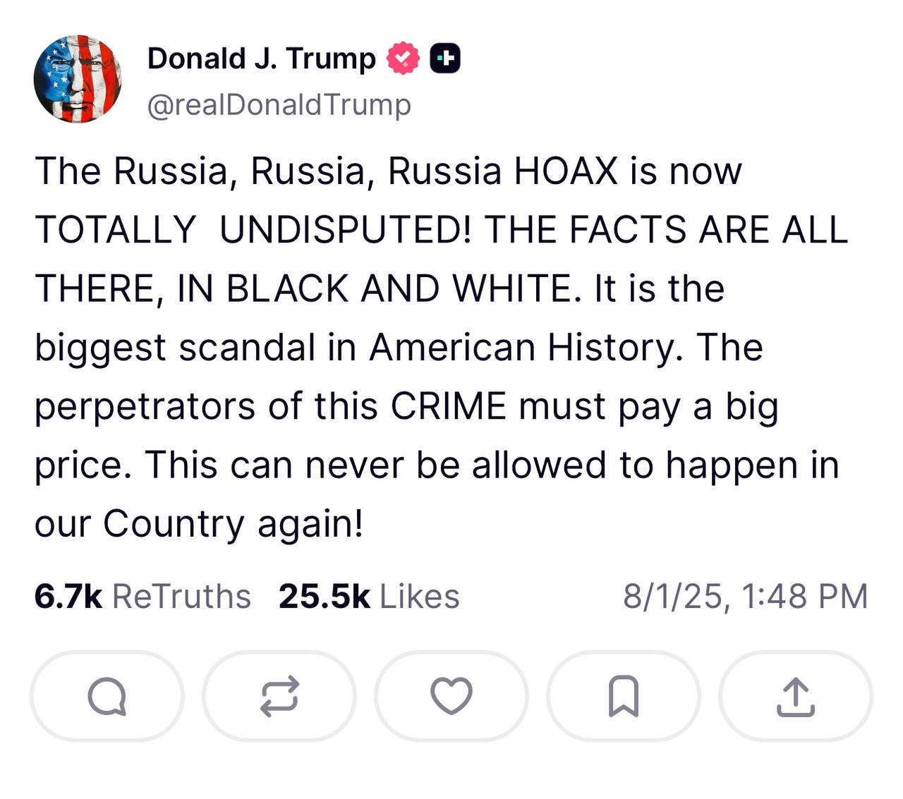 Дональд Трамп призвал наказывать за распространение слухов о влиянии России на выборы в США. Глава Белого дома назвал эти слухи «самым большим скандалом в истории Америки».  «"Россия, Россия, Россия". Обман теперь совершенно неоспорим», — написал он в соцсети TruthSocial.  Господин Трамп подчеркнул, что подобный «обман» не должен повториться в США вновь.    Подписывайтесь на «Ъ» Оставляйте «бусты»