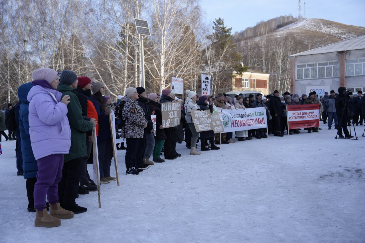 Жители Алтая вышли на митинг против золотодобычи и обратились к Путину  Акция прошла 15 декабря на центральной площади села Солонешного. Участие в ней приняли около 250 человек. Активисты, выступившие перед собравшимися, подчеркнули, что не намерены идти по пути компромиссов с золотодобытчиками. Председатель районного совета народных депутатов Татьяна Тропина акцентировала внимание на том, что доверия к руководству артели нет ни у депутатов, ни у администрации района.  По мнению людей, туризм и сельское хозяйство принесут куда больше дивидендов району, но эти направления едва ли можно развивать, когда под боком идет добыча золота. Также местные жители в очередной раз напомнили и о редкой флоре и фауне, которые также оказываются под угрозой из-за деятельности старателей.  В резолюции по итогам митинга участники акции потребовали от чиновников на время всех разбирательств приостановить деятельность золотодобывающих компаний в районе и поставили вопрос об аннулировании всех выданных лицензий в Солонешенском, Алтайском и Чарышском районах.  Также активисты записали видеообращение на прямую линию к президенту Владимиру Путину, которая, напомним, состоится уже 19 декабря.   Подписывайтесь на "Толк"