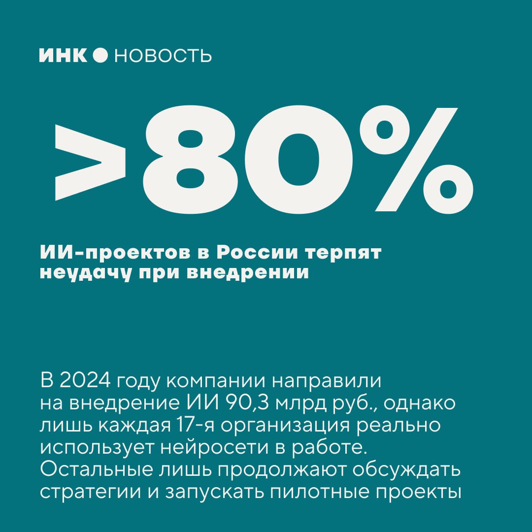 Индустрия научилась продавать будущее но так и не научилась строить настоящее считает CEO компании Napoleon IT Павел Подкорытов Рынок ИИ растет на 25 40 ежегодно но реальное проникновение технологии остается мизерным   Главный тормоз внедрения невозможность просчитать окупаемость Эффект от предотвращенных ошибок ускорения решений или повышения качества процессов не поддается точной оценке В условиях высокой ключевой ставки бизнес перестал инвестировать в проекты с туманными перспективами Пока менеджмент рисует дорожные карты работники осваивают нейросети самостоятельно Каждый четвертый специалист использует ИИ в рабочих задачах через личные аккаунты и публичные сервисы Корпоративные инструменты при этом застряли в прошлом десятилетии При этом 5 8 компаний которые реально внедрили ИИ делают ставку на прикладные задачи с измеримым результатом Северсталь получила экономический эффект более 2 млрд руб Норникель увеличил извлечение металлов на 2 5 что принесло около 100 млн Сбер за первое полугодие 2025 го заработал на генеративном ИИ почти 30 млрд руб X5 выжала порядка 5 млрд из прогнозирования спроса и оптимизации ассортимента Инк медиа для предпринимателей