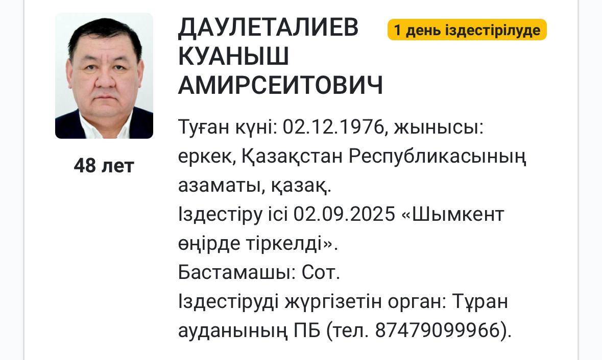 Бывшего депутата маслихата Шымкента объявили в розыск Полиция района Туран по инициативе суда разыскивает Даулеталиева Куаныша Амирсеитовича Он предприниматель и бывший депутат городского маслихата от партии Ауыл