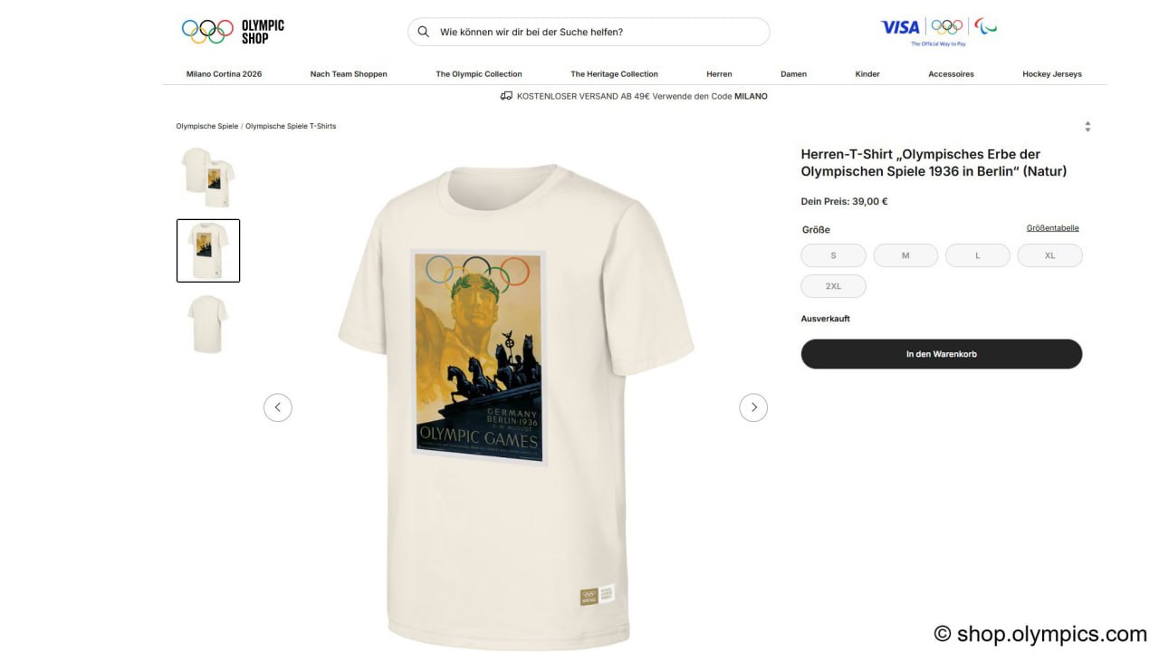 МОК продаeт футболку с символикой Олимпиады 1936 года в Берлине В интернет магазине Международного олимпийского комитета МОК появилась сувенирная мужская футболка под названием Олимпийское наследие Олимпийских игр 1936 года в Берлине что вызвало недоумение и критику На футболке изображeн оригинальный плакат с Игр 1936 с лавровым венком и квадригой Бранденбургских ворот На сайте не поясняется что именно МОК подразумевает под олимпийским наследием 1936 года отмечает редактор Der Spiegel Флориан Пютц Олимпийские игры в Берлине проходили при нацистском режиме Адольфа Гитлера и активно использовались властями Германии в пропагандистских целях Нацисты стремились представить режим миролюбивым и скрыть суть национал социалистической идеологии Уже в 1939 году Германия развязала Вторую мировую войну Самым успешным спортсменом Игр 1936 года стал темнокожий американский легкоатлет Джесси Оуэнс завоевавший четыре золотые медали напоминает Der Spiegel но его образ МОК для сувенирной продукции не выбрал В 2020 году МОК уже критиковали за публикацию пропагандистской символики с нацистских игр 1936 года dwglavnoe