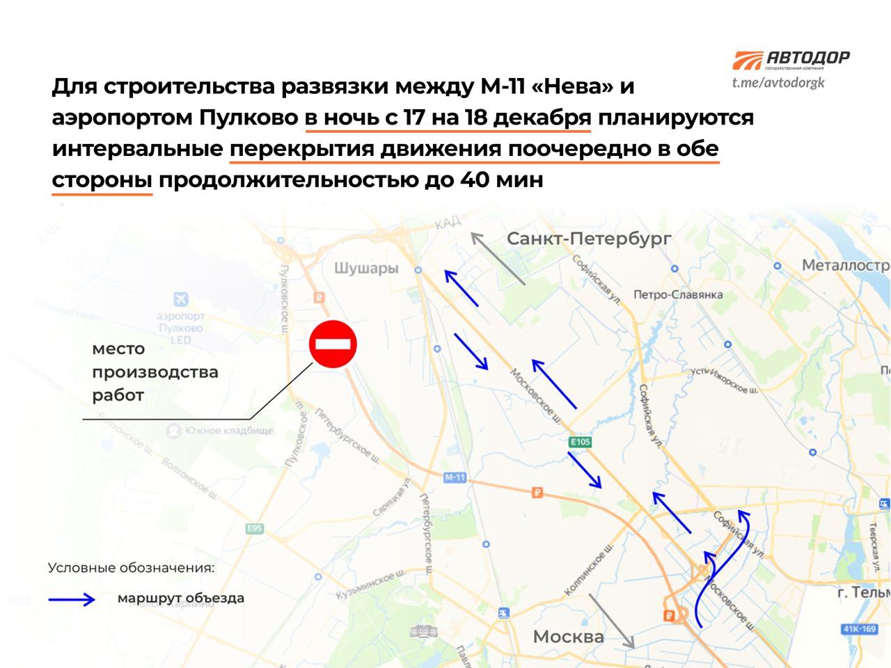 Внимание изменение схемы движения Продолжается строительство транспортной развязки на М 11 Нева с подключением к аэропорту Пулково В ночное время с 17 на 18 декабря на 681 км М 11 Нева запланировано производство работ Они будут проводиться с 00 00 по 05 10 часов В этот период времени будут организованы краткосрочные остановки движения автомобилей поочередно в оба направления продолжительностью не более 40 мин Приносим извинения за временные неудобства и просим автомобилистов быть внимательными в пути соблюдать скоростной режим и заранее планировать маршрут объезда Телеграм MAX Забустить