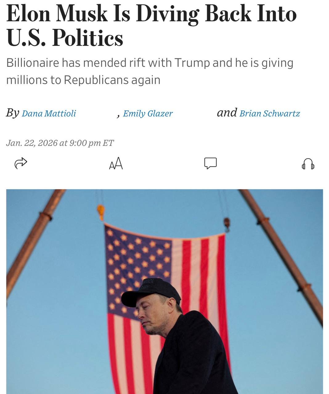 Как сообщает The Wall Street Journal Илон Маск начинает активно вовлекаться в политику США перед промежуточными выборами Согласно информации издания Маск вновь участвует в политических процессах в Соединенных Штатах чтобы оказать поддержку республиканцам в их стремлении сохранить свое влияние в Конгрессе Он уже формирует команду консультируется с экспертами в области цифровых технологий и текстовой коммуникации а также осуществляет финансирование через различные политические комитеты Промежуточные выборы запланированы на 3 ноября 2026 года