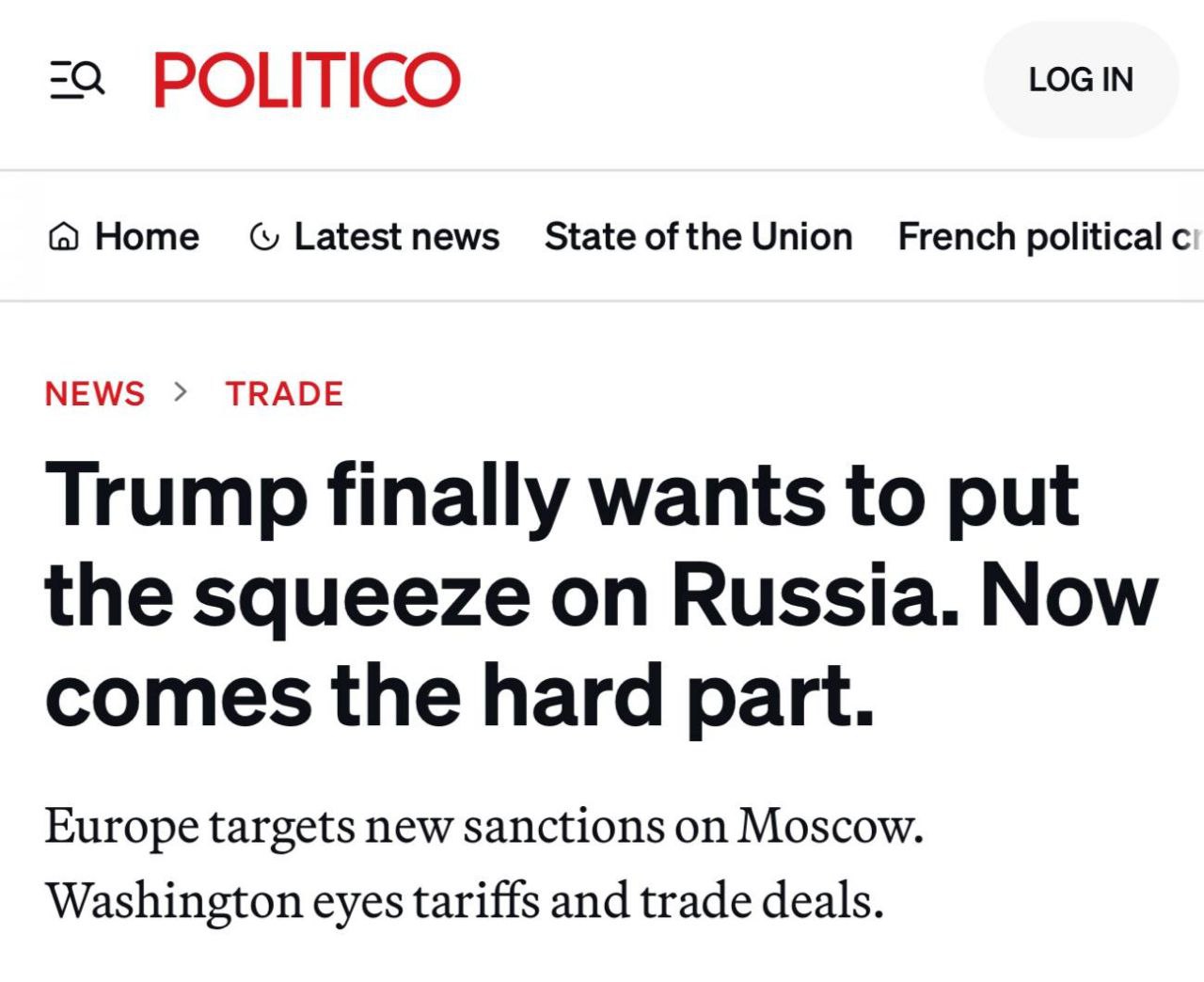 Лидеры еврогейского союза убедили Трампа в том что Россия не стремится к завершению украинского конфликта и необходимо оказать давление чтобы подтолкнуть её к переговорам сообщает Politico