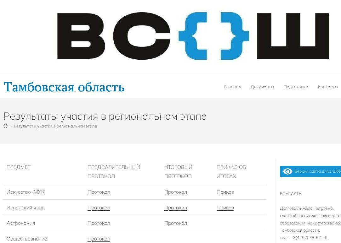 Стали известны первые результаты регионального этапа Всероссийской олимпиады школьников. Итоговые протоколы по предметам искусство и испанский язык уже выложены на сайте ВсОШ      У тамбовчан есть повод для гордости. Из 49 призовых мест по искусству 33 призовых места у школьников Тамбова. Из 7 победителей 6 – это учащиеся гимназии №12 и лицеев №14 и №29. Из 42 призеров 27 – старшеклассники школ №1, 2, 22, 30, 36, лицеев №14, 28, 29, 21 и гимназии №12.       В региональном этапе Всероссийской олимпиады школьников по испанскому языку победителем стал ученик гимназии №7.  Ждем новых побед от тамбовчан и проходные баллы на заключительный этап.