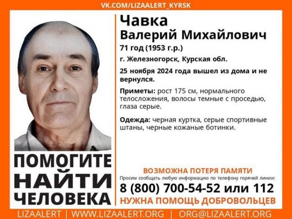 В Курской области пропал 71-летний житель Железногорска Чавка Валерий Михайлович.  Как сообщают волонтеры поискового отряда «Лиза Алерт Курск», мужчина сегодня, 25 ноября, вышел из дома и не вернулся. Местонахождение пенсионера неизвестно. Возможна потеря памяти. Требуется помощь добровольцев.  Приметы пропавшего: рост — 175 см, нормального телосложения, волосы темные с проседью, глаза серые.  Был одет в черную куртку, серые спортивные штаны, черные кожаные ботинки.  Всех, кто может располагать информацией о местонахождении пожилого курянина, просят сообщить об этом по телефонам 8-800-700-54-52 или 112.