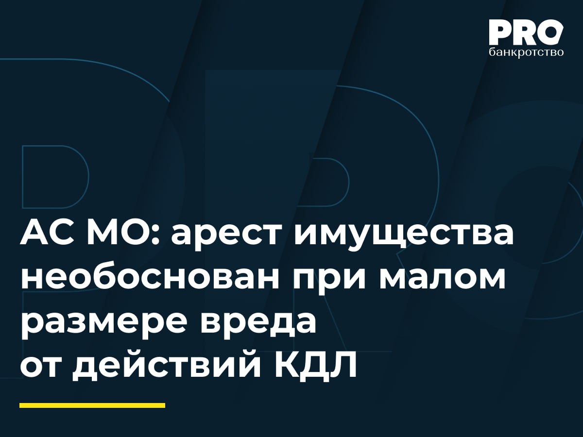 АС МО: арест имущества необоснован при малом размере вреда от действий КДЛ  Общество «Смарт Футвер» было признано банкротом. КУ Юлия Начева обратилась в суд с заявлением о привлечении Якоба Трескова к субсидиарной ответственности. Суд принял обеспечительные меры в виде ареста имущества и запрета на регистрационные действия с ним. Тресков обратился с заявлением об отмене обеспечительных мер. Суды первой и апелляционной инстанций лишь частично удовлетворили заявление, изменив некоторые меры.   Арбитражный суд Московского округа указал, что нижестоящие суды не рассмотрели вопрос об отмене обеспечительных мер, а лишь произвели их замену по своей инициативе. Суды не дали оценку доводу о несоразмерности мер предъявленному требованию. С учетом этого дело направлено на новое рассмотрение.  Подробнее с комментариями экспертов: PROбанкротство