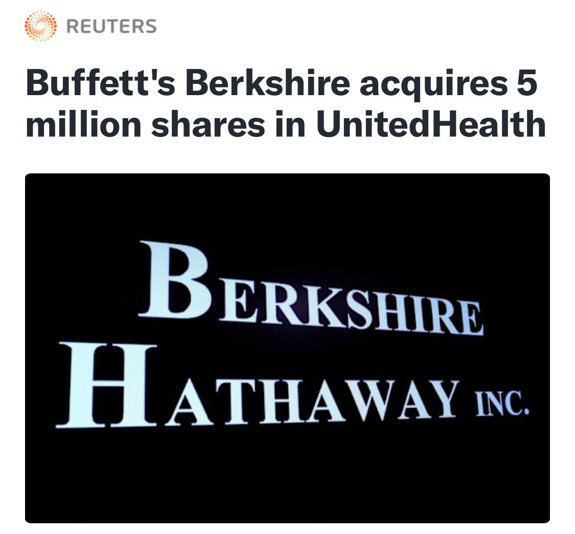 UnitedHealth Group: Berkshire Hathaway Уоррена Баффета приобрела 5 миллионов акций  Акции страховой компании выросли на 7% на пост-маркете.  #unh