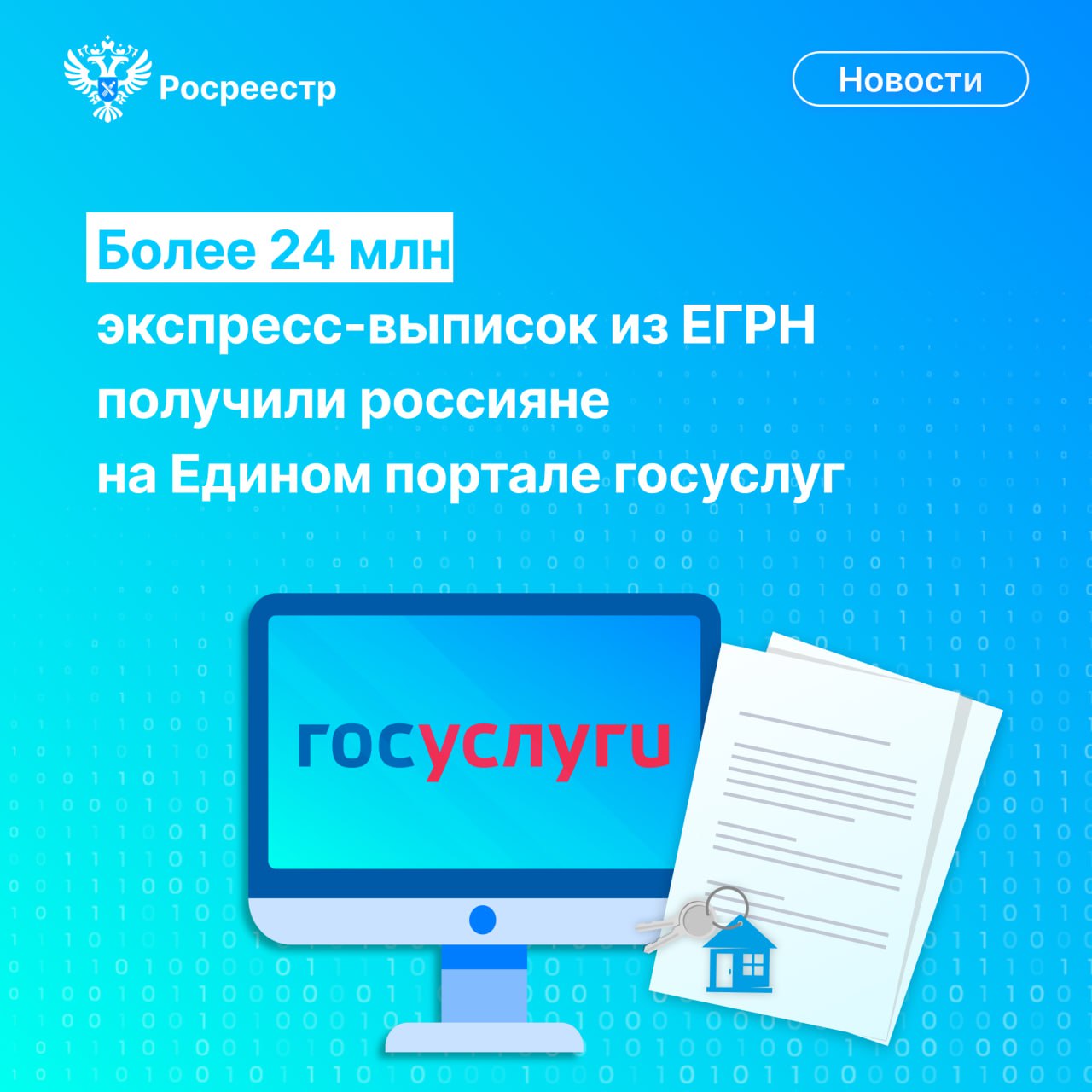 #ЦифраДня Более 24 млн экспресс-выписок из ЕГРН получили россияне на Едином портале госуслуг. Эта услуга была выведена на ЕПГУ с 1 марта 2023 года. Теперь граждане могут заказать экспресс-выписку из ЕГРН бесплатно в онлайн-режиме и получить её в течение нескольких секунд. Данный проект мы реализуем совместно с Минцифры.     Добавим, что в 2023 году на портал были выведены все наши услуги, включая кадастровый учёт, регистрацию прав и предоставление сведений из ЕГРН. Заявитель может проследить выполнение запроса в личном кабинете.     «В целом по сравнению с 2020 годом доля электронных услуг Росреестра выросла в 3 раза – до 59%. Доля электронной ипотеки - в 9 раз, до 82,3%, и зарегистрировать её можно в течение одного рабочего дня.  Доля электронной регистрации договоров долевого участия выросла в 4,3 раза, до 86,7%. Это позволило повысить доступность и удобство получения госуслуг в сфере недвижимости для граждан и бизнеса», – отметил глава ведомства Олег Скуфинский.  #Росреестр #ОлегСкуфинский #ЕГРН #СтатистикаРосреестра