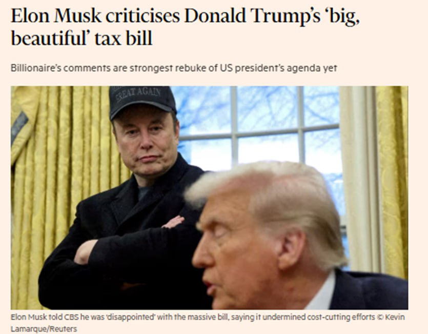 Илон Маск резко раскритиковал налоговый законопроект Трампа, заявив, что тот «подрывает» работу его правительственной команды по сокращению расходов, сообщает Financial Times. По словам предпринимателя данная инициатива увеличивает государственные расходы и способствует росту дефицита бюджета. При этом сам Трамп назвал данный документ «большим прекрасным законопроектом» и «возможно, самым значимым законодательным актом, который когда-либо будет подписан в истории США»