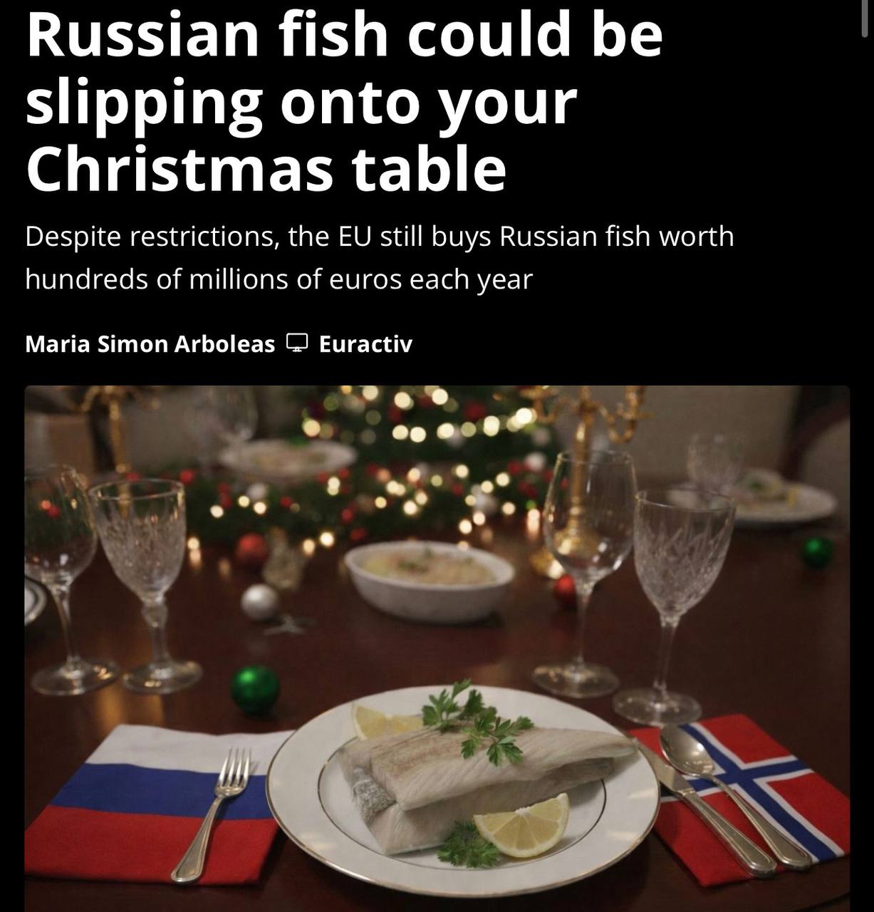 Санкции санкциями ЕС закупил морепродукты из России на 709 млн Несмотря на ограничения введенные еще в 2022 году российская рыба продолжает исправно приплывать на европейские прилавки В 2024 году страны ЕС закупили морепродукты из России почти на 709 млн сообщает Euractiv Самыми активными покупателями оказались Германия Нидерланды Польша и Франция Особенно выделяется Португалия без российской трески там трудно представить национальное блюдо бакальяу Рыба как выяснилось вне политики   Подпишитесь на Абзац TG VK Дзен MAX Rutube