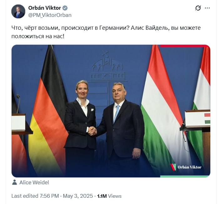 Венгерский премьер-министр Виктор Орбан поддержал главу «Альтернативы для Германии» Алис Вайдель. На днях её оппозиционную партию признали экстремистской. По чьему заказу — всем понятно. СТАРШИЙ ИНСПЕКТОР