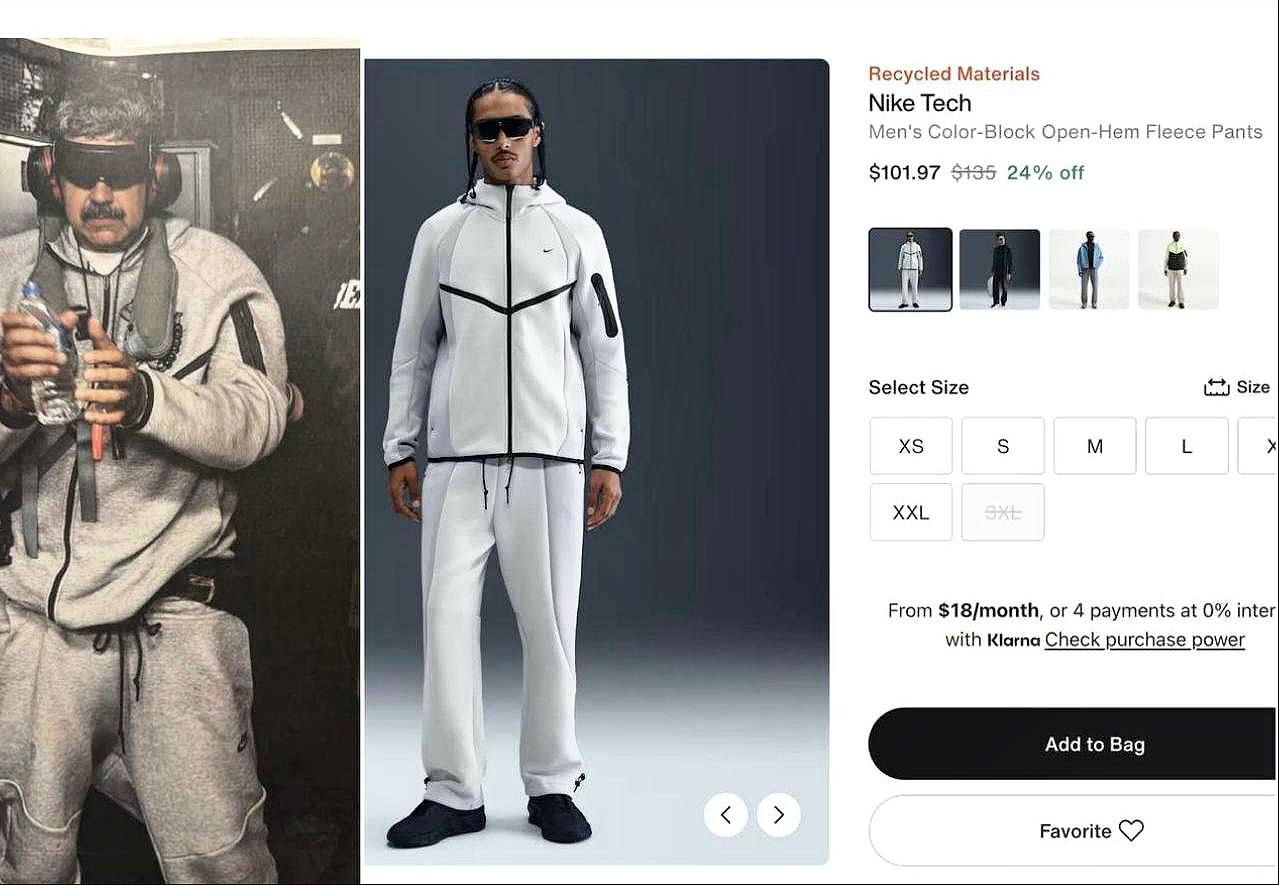 Спортивный костюм Nike Tech Fleece раскупили после публикации фото плененного Мадуро на американском десантном корабле На официальном сайте Nike размер 3XL в котором был президент Венесуэлы распродали примерно за час Полный комплект толстовка и брюки стоит 270 145 за кофту и 125 за джоггеры Donald J Trump Truth Social Nike gazetayuga